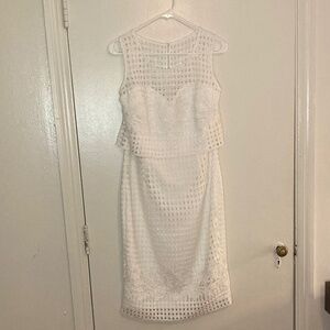 Guess Mesh White Midi Cocktail Dress with Floral Embroidery